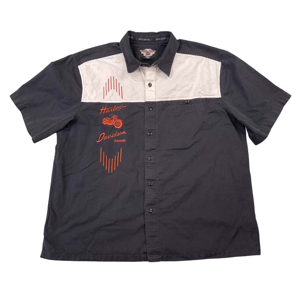 Harley Davidson Button Up Shirt Mens 2XL Black White Embroidered - Flaw